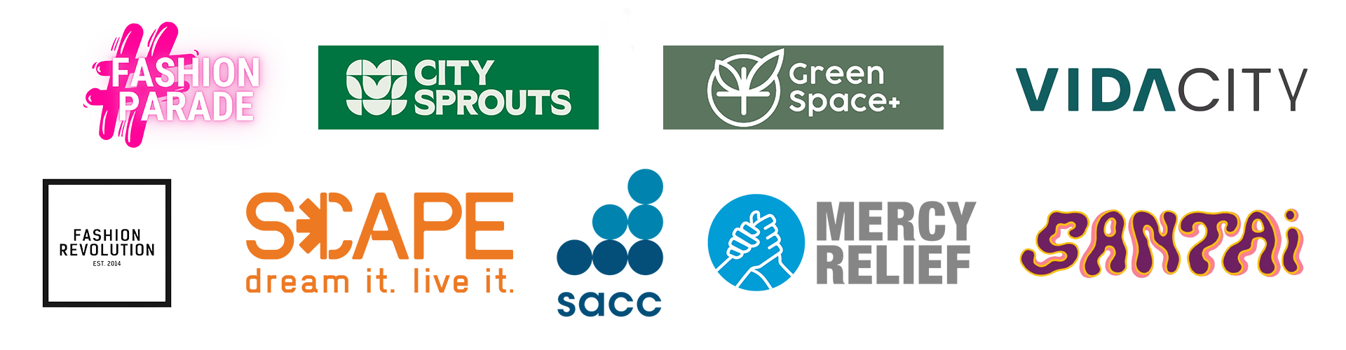Logos of various organizations including Fashion Parade, City Sprouts, Green Space, Vida City, Fashion Revolution, SCAPE, SACC, Mercy Relief, and Santai.