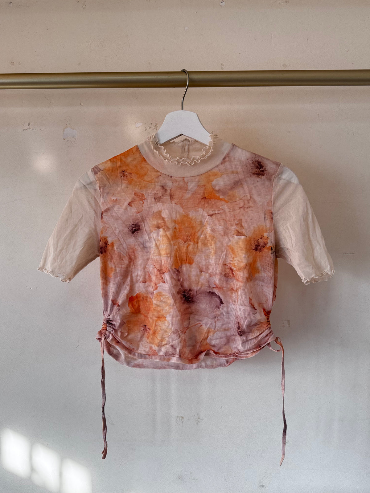 Marsa Peach Mesh Ruche Crop Top